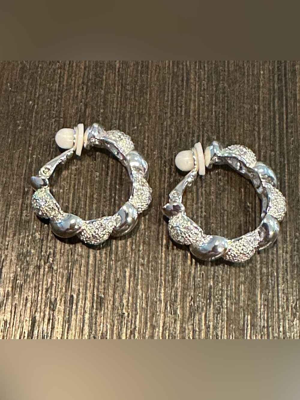 Vintage NRO Silver Tone Pave Rhinestone Scalloped Clip-On Hoop Earrings
